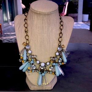 Blue white yellow beaded fashion necklace on link chain